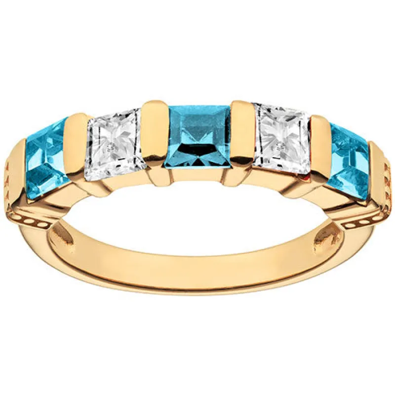 14K Gold Plated Simulated Blue Topaz and Clear Crystal 5 Stone Ring sold by Limoges Jewelry