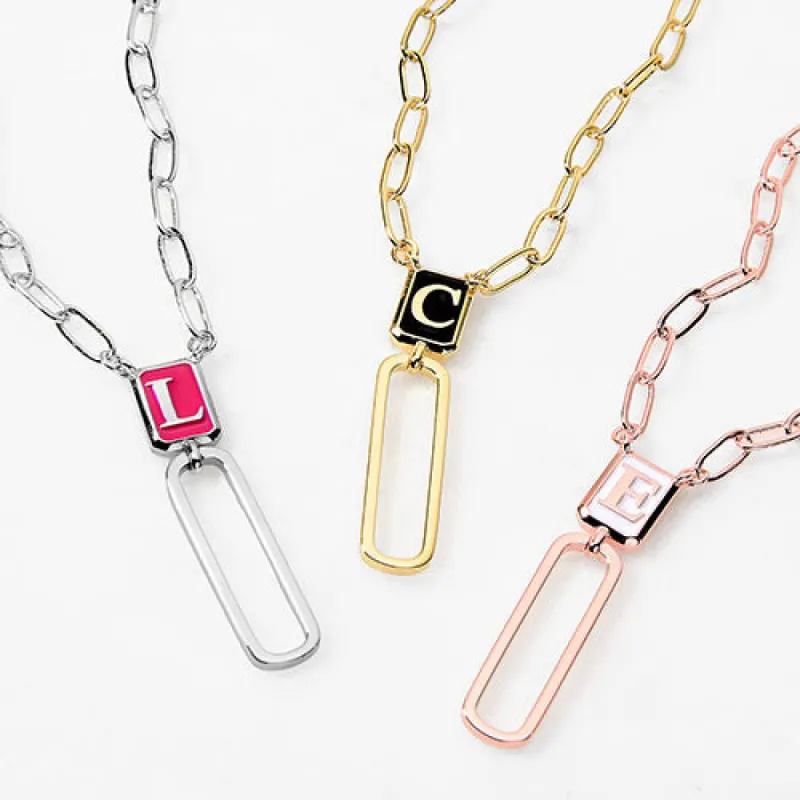 Vertical Birthmonth Enamel Initial Paperclip Chain Y-Necklace sold by Limoges Jewelry