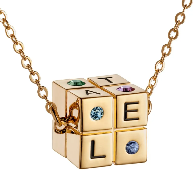 14K Gold Plated Family Initial and Birthstone Cube Necklace sold by Limoges Jewelry