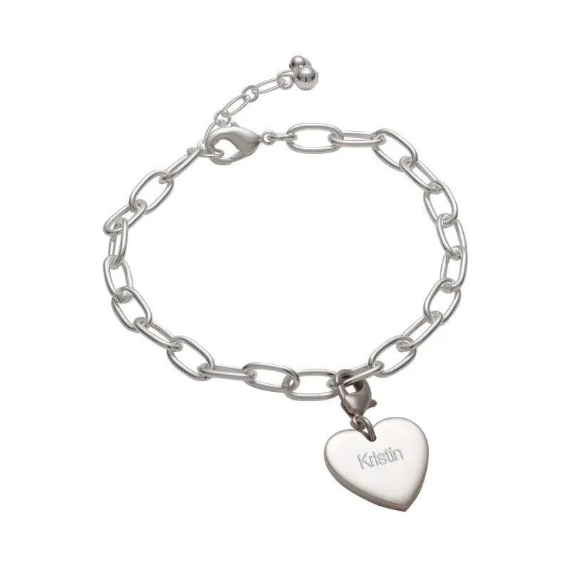 Silver Plated Engraved Heart Charm with Oval Link Bracelet sold by Limoges Jewelry