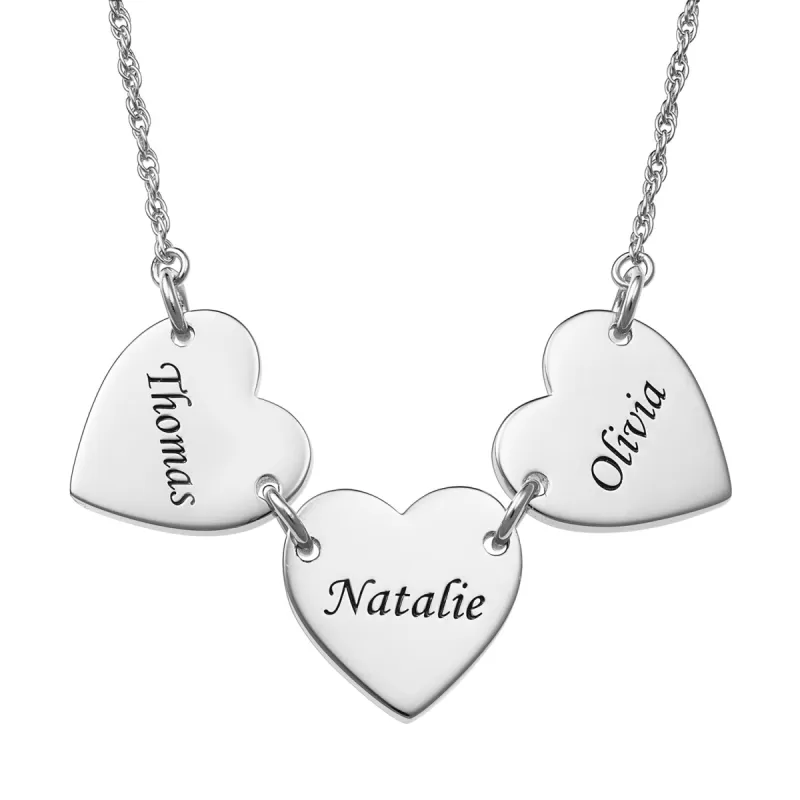 Sterling Silver Engraved Name Heart Station Necklace - 3 Names sold by Limoges Jewelry