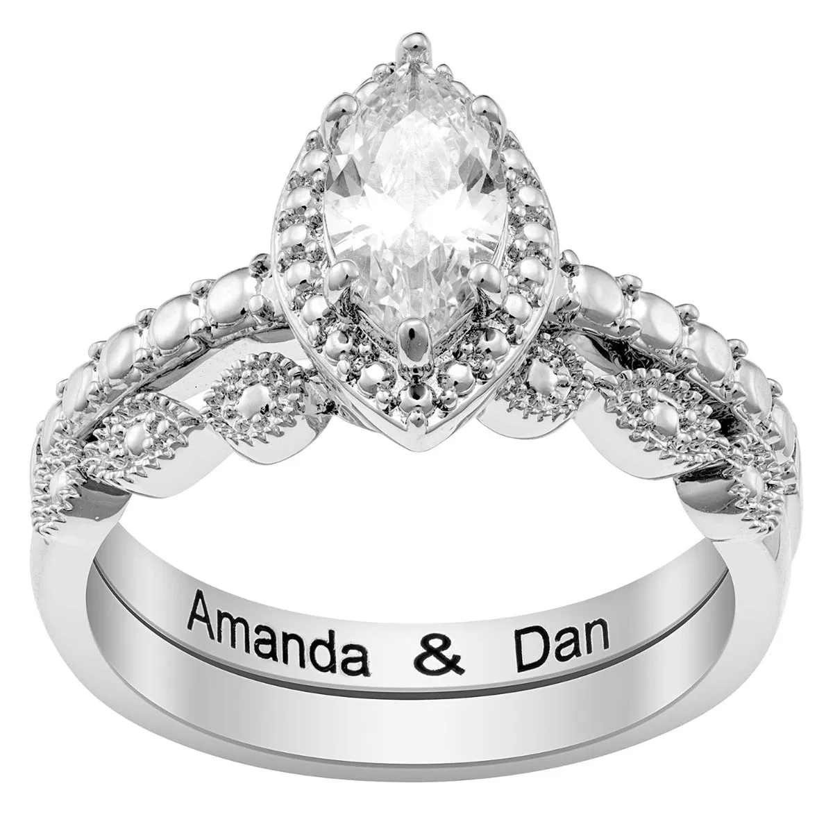 Silver Plated Marquise Stone 2 Piece Wedding Ring Set sold by Limoges Jewelry