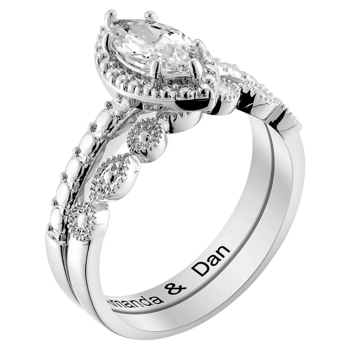 Silver Plated Marquise Stone 2 Piece Wedding Ring Set sold by Limoges Jewelry product image thumbnail 2