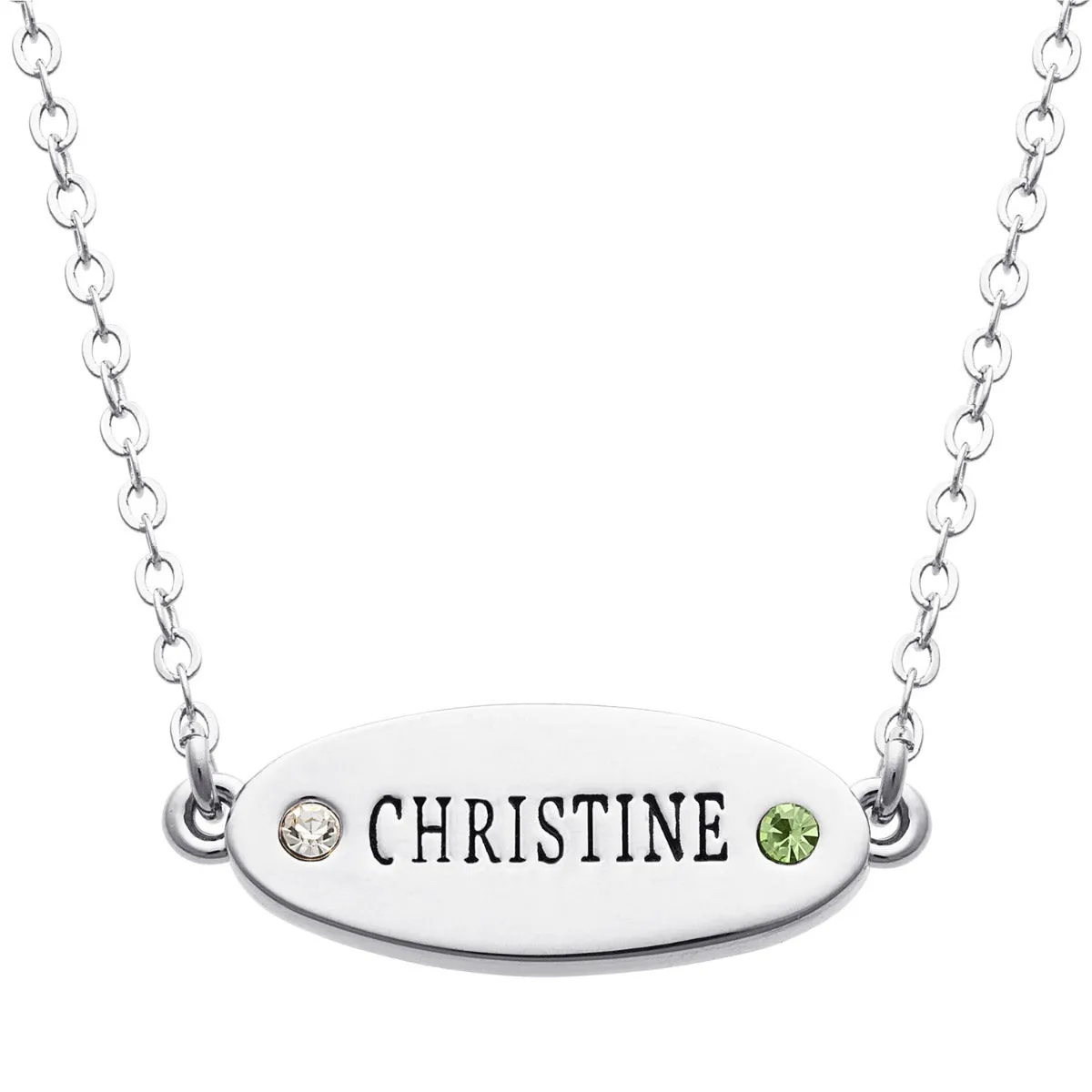 Silver Plated Engraved Name and Birthstone Oval Plaque Necklace sold by Limoges Jewelry