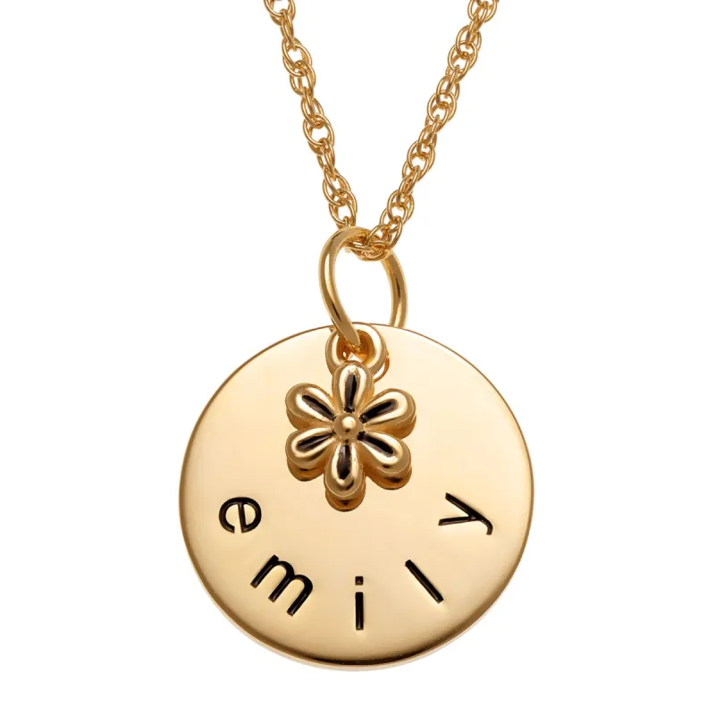 14K Gold over Sterling Name Disc with Flower Charm Necklace sold by Limoges Jewelry