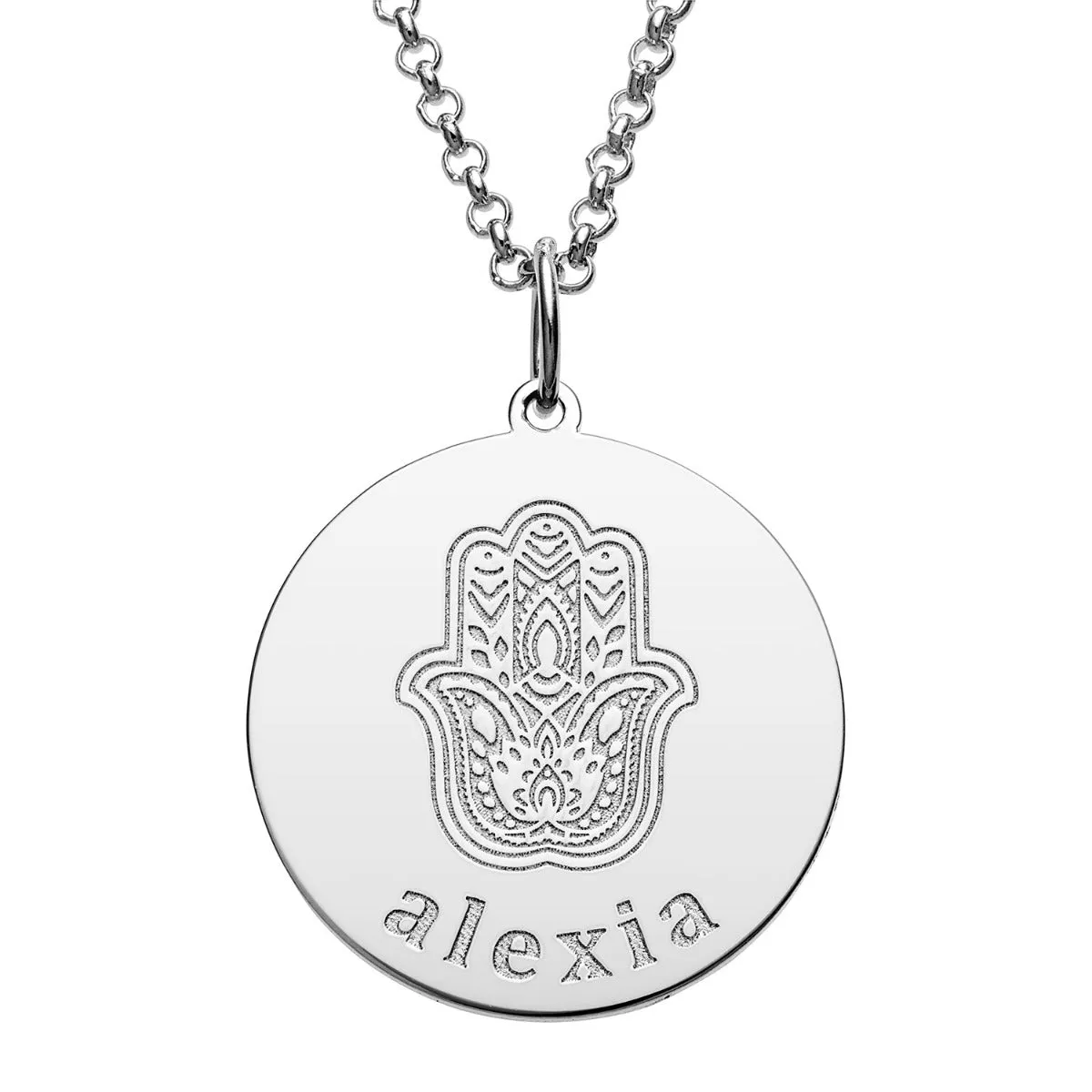 Silver Plated Engraved Name and Hamsa Hand Disc Necklace sold by Limoges Jewelry