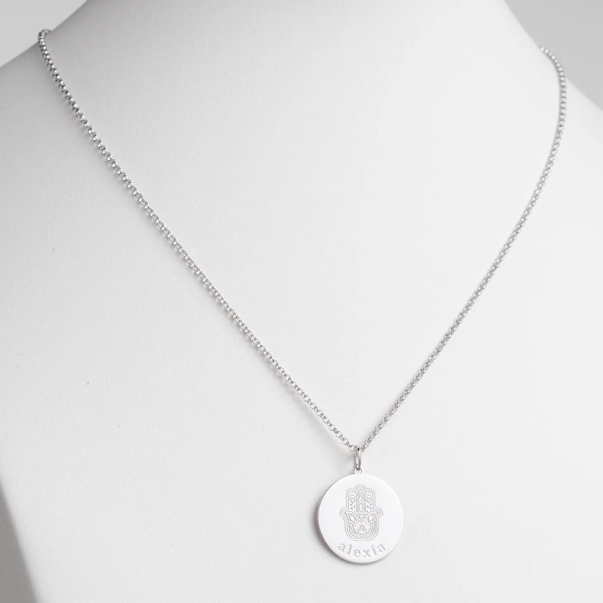 Silver Plated Engraved Name and Hamsa Hand Disc Necklace sold by Limoges Jewelry product image thumbnail 2