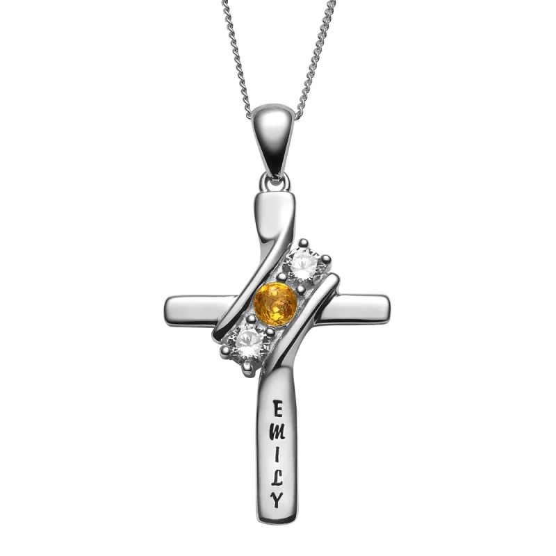 Sterling Silver Engraved Name and Genuine Birthstone Cross Pendant sold by Limoges Jewelry