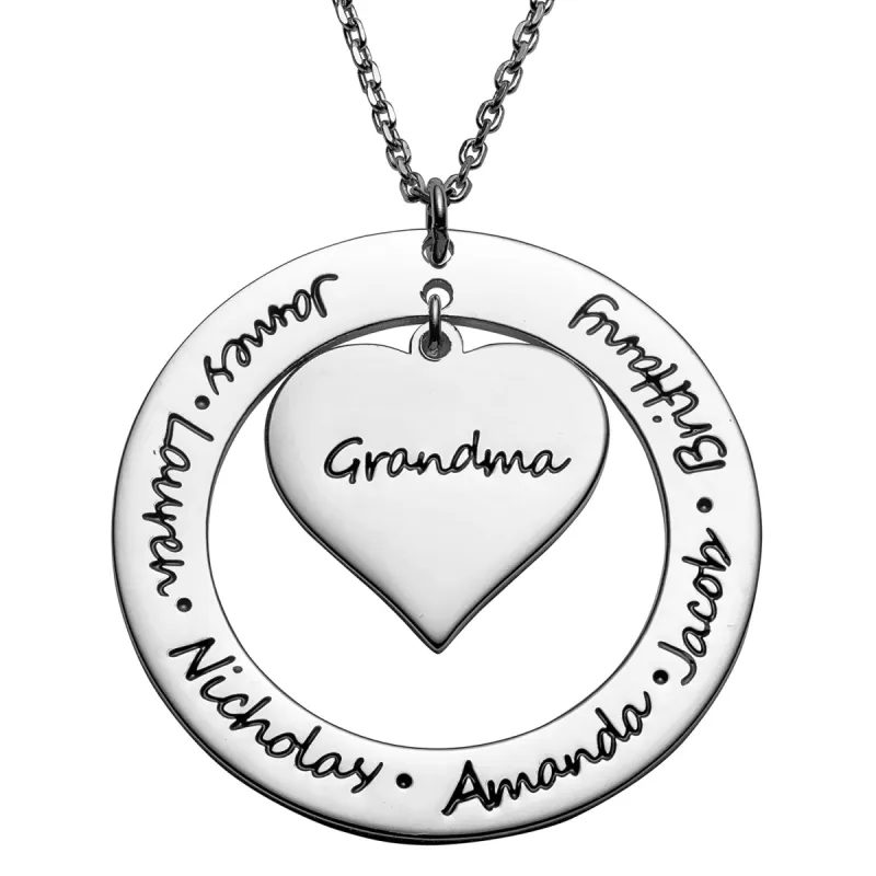 Sterling Silver Engraved Family Name Heart and Circle Necklace sold by Limoges Jewelry