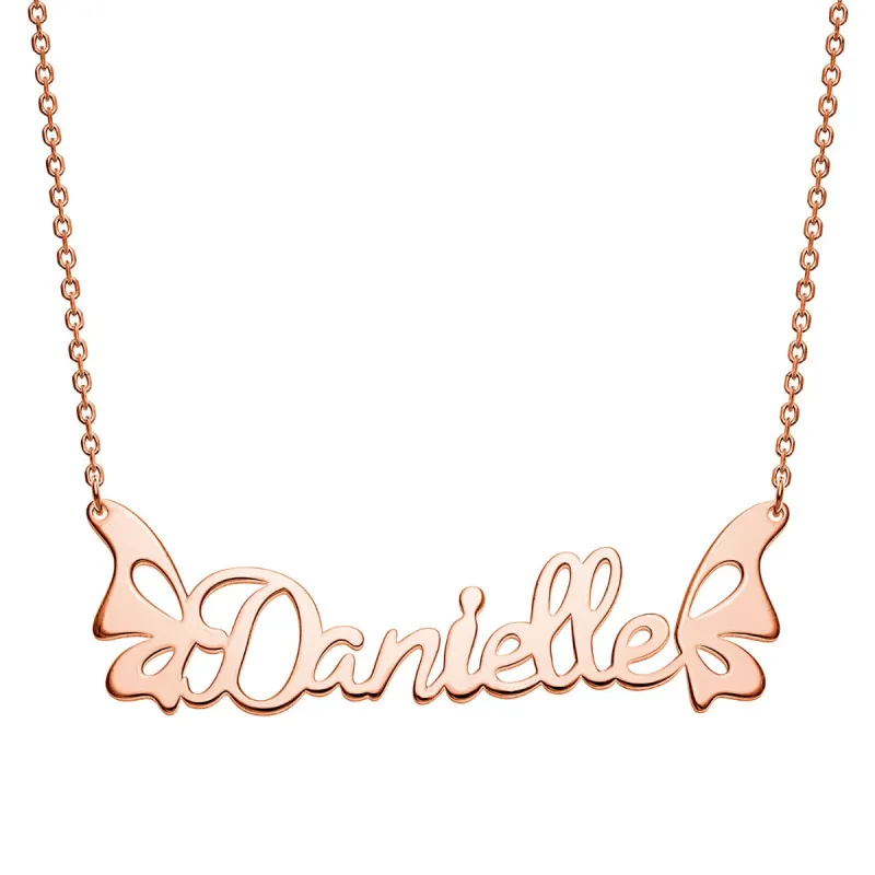 14K Rose Gold over Sterling Script Name With Butterflies Necklace sold by Limoges Jewelry