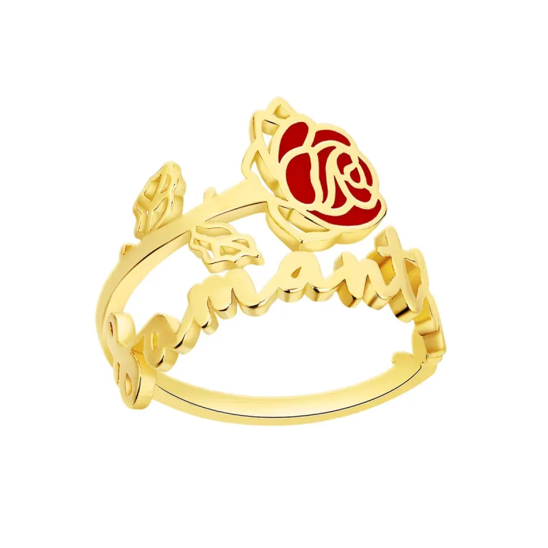 Gold over Sterling Script Name and Birthmonth Enamel Flower Bypass Ring sold by Limoges Jewelry
