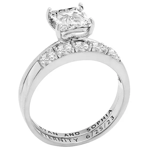 Platinum over Sterling Square White Topaz 2-Piece Engraved Wedding Ring Set sold by Limoges Jewelry product image thumbnail 2