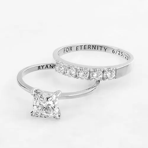 Platinum over Sterling Square White Topaz 2-Piece Engraved Wedding Ring Set sold by Limoges Jewelry product image thumbnail 4