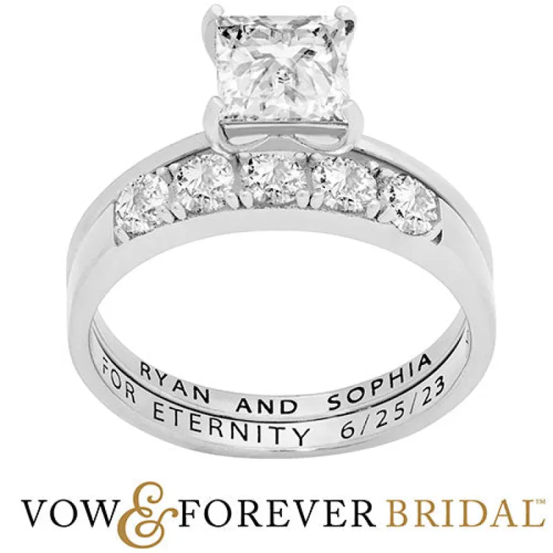 Platinum over Sterling  Square White Topaz 2-Piece Engraved Wedding Ring Set sold by Limoges Jewelry