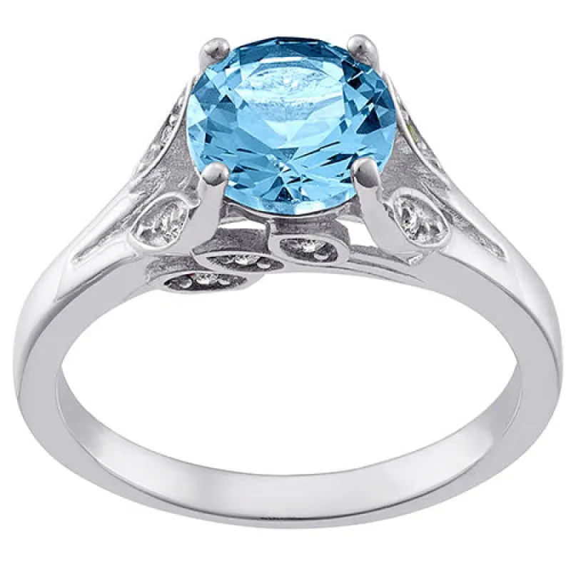 Silver Plated Simulated Blue Topaz with Clear Crystal Leaves Ring sold by Limoges Jewelry