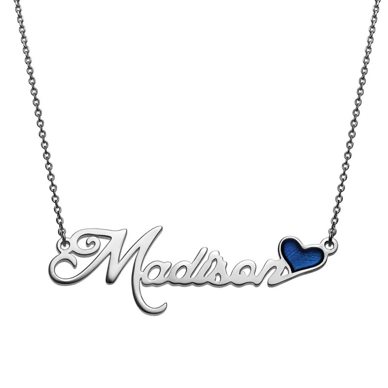 Script Name Plaque Necklace with Blue Enamel Heart sold by Limoges Jewelry