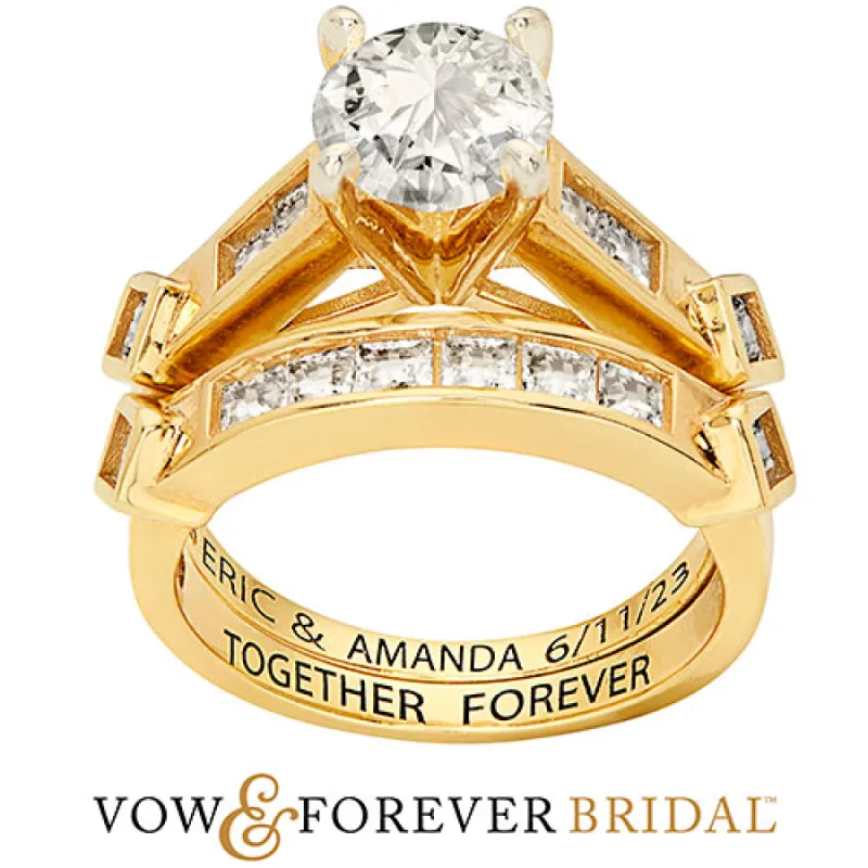 14K Gold over Sterling Brilliant White Topaz 2 Piece Engraved Wedding Set sold by Limoges Jewelry
