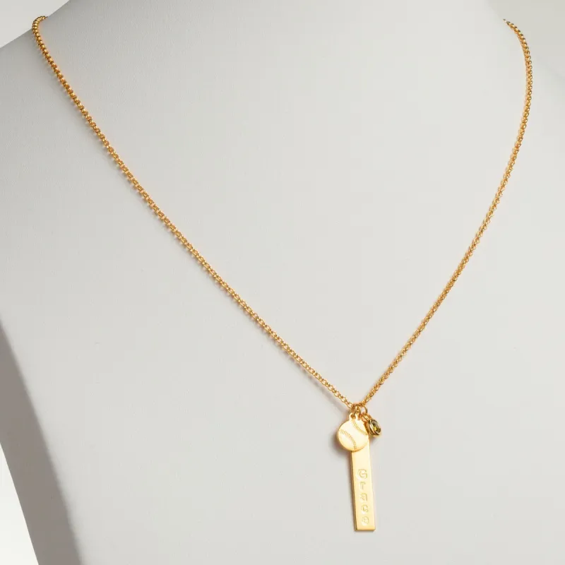 14K Gold Plated Name Necklace with Baseball Charm and Birthstone Dangle sold by Limoges Jewelry