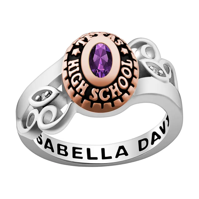 Ladies' Silver Celebrium and Rose Gold Swirl Birthstone Class Ring sold by Limoges Jewelry