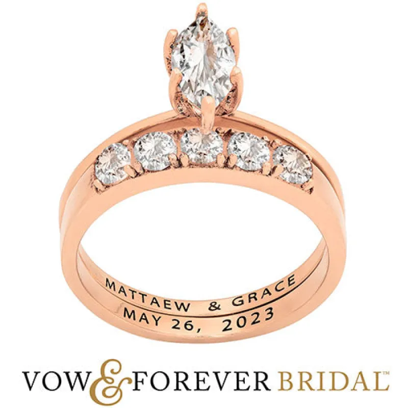 14K Rose Gold over Sterling  Marquise White Topaz 2-Piece Engraved Wedding Ring Set sold by Limoges Jewelry