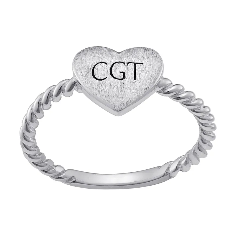 Sterling Silver Initial Heart Brushed Roped Ring sold by Limoges Jewelry