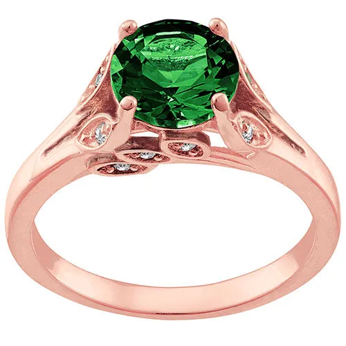 14K Rose Gold Plated Simulated Emerald with Clear Crystal Leaves Ring sold by Limoges Jewelry