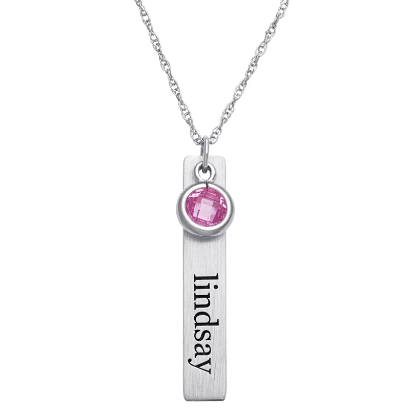 Sterling Silver Brushed Engraved Name with Birthstone Tag Pendant sold by Limoges Jewelry