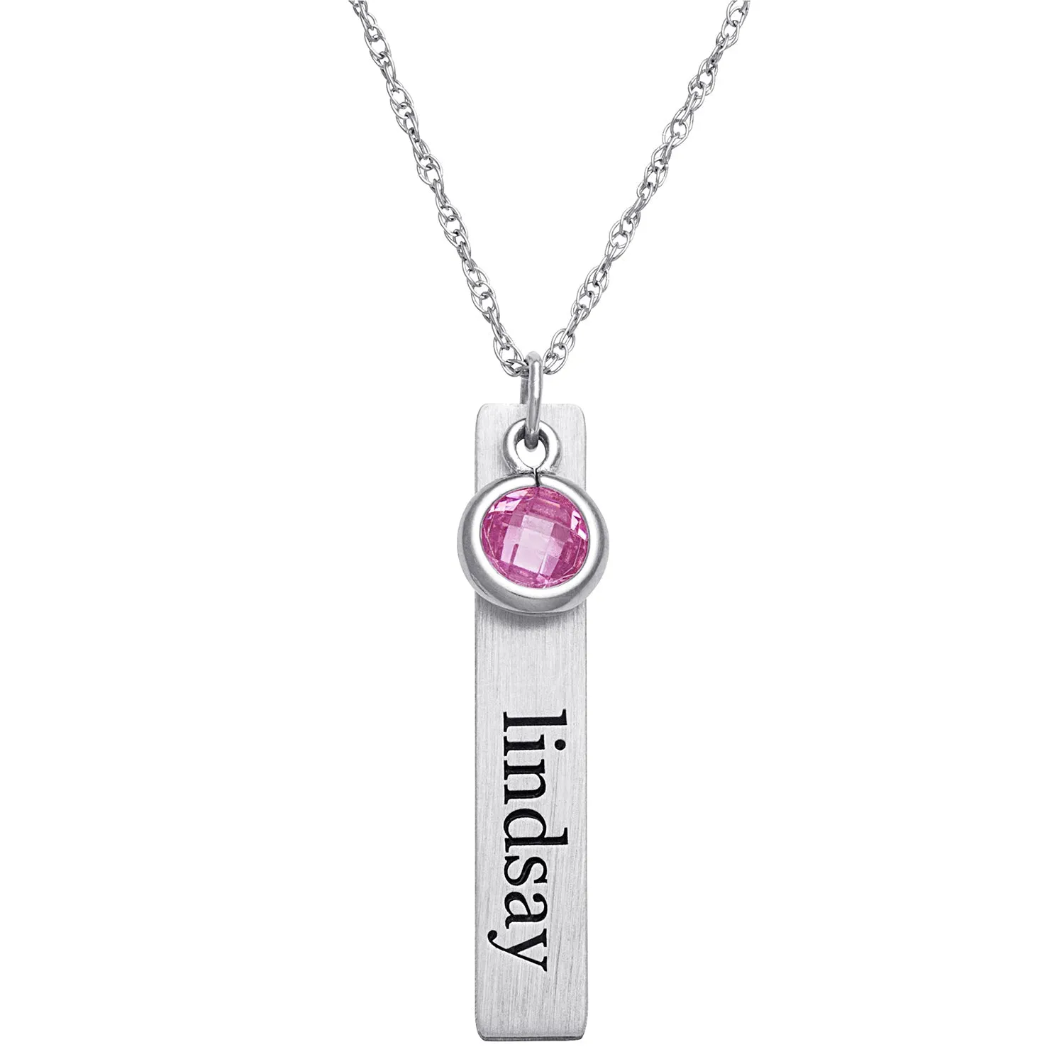 Sterling Silver Brushed Engraved Name with Birthstone Tag Pendant sold by Limoges Jewelry