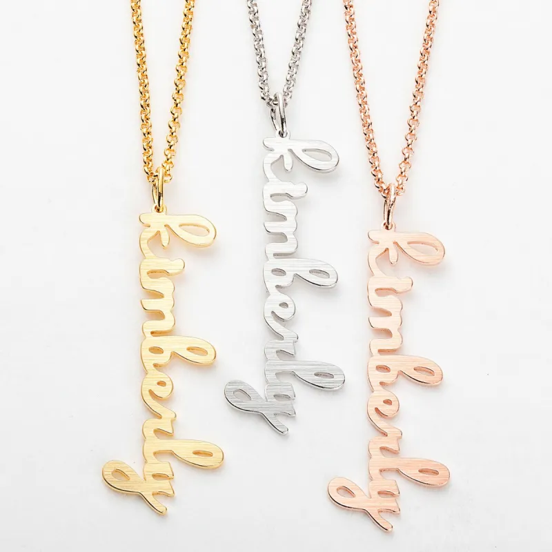 Satin Finish Vertical Lowercase Script Name Necklace sold by Limoges Jewelry