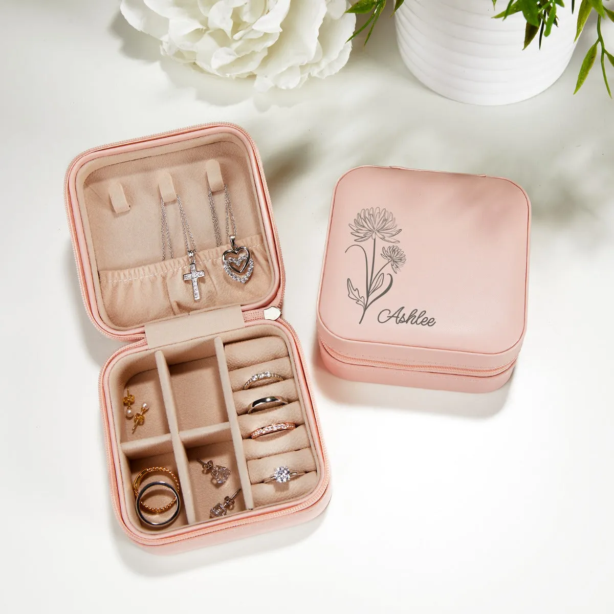 Pink Zip Travel Jewelry Case with Birth Month Flower and Name sold by Limoges Jewelry product image thumbnail 3