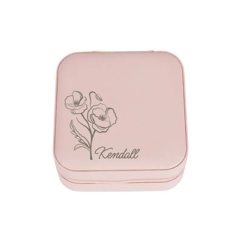 Pink Zip Travel Jewelry Case with Birth Month Flower and Name sold by Limoges Jewelry