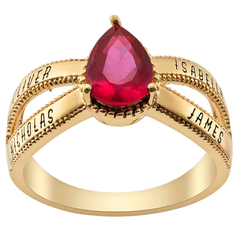 14K Gold Plated Mother's Pear Birthstone Family Name Ring sold by Limoges Jewelry