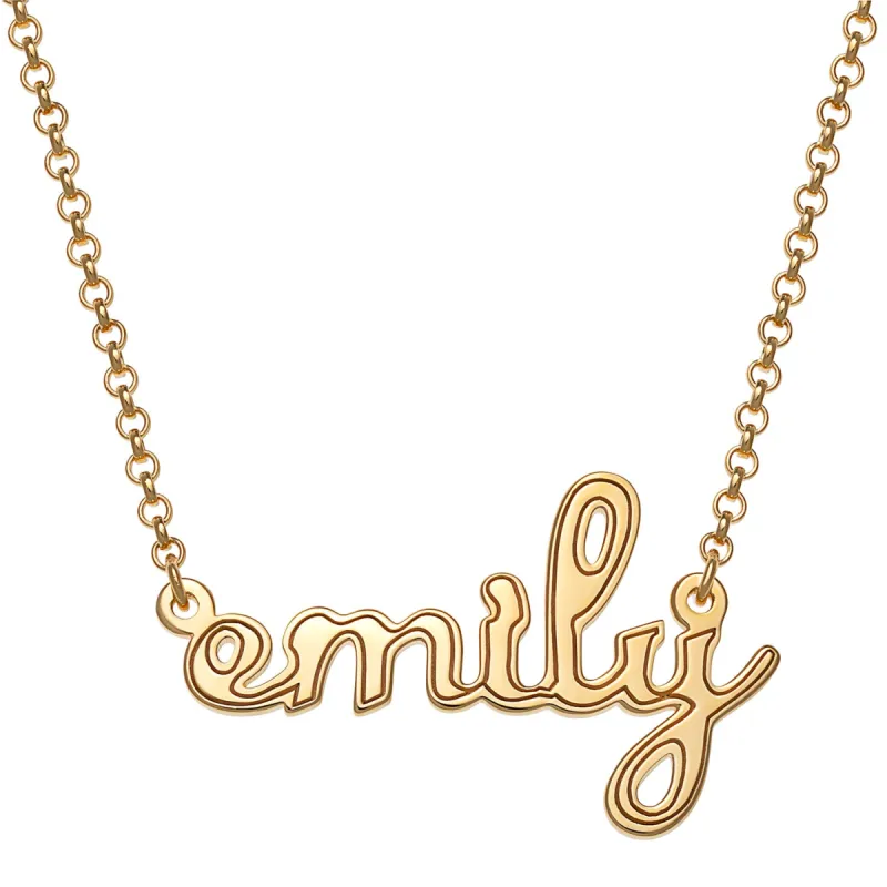 14K Gold over Sterling Lowercase Script Name with Outline Necklace sold by Limoges Jewelry