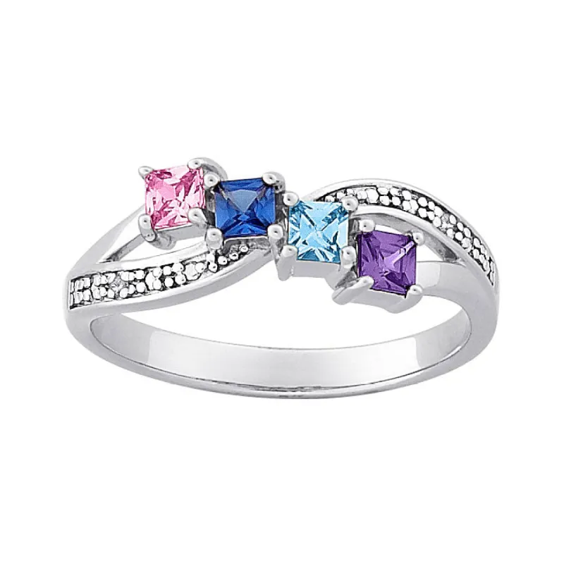 Sterling Silver Mother's Square Family Birthstone & Genuine Diamond Ring sold by Limoges Jewelry