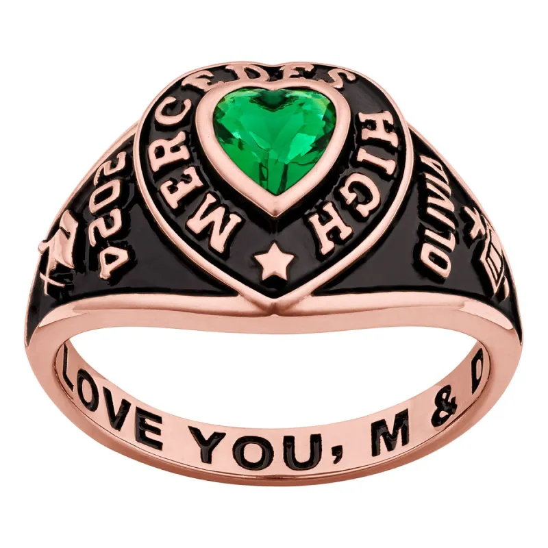 Ladies' Rose Yellow Celebrium Traditional Heart Birthstone Class Ring sold by Limoges Jewelry