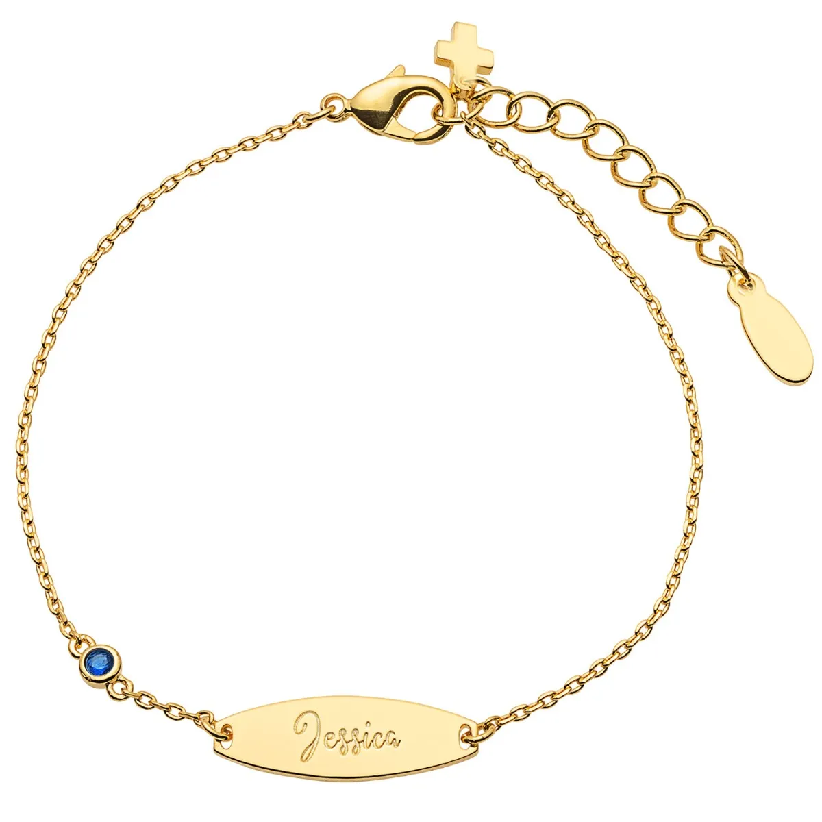 Personalized Plated Engraved Name Mini Oval With Birthstone and Cross ID Bracelet sold by Limoges Jewelry product image thumbnail 2