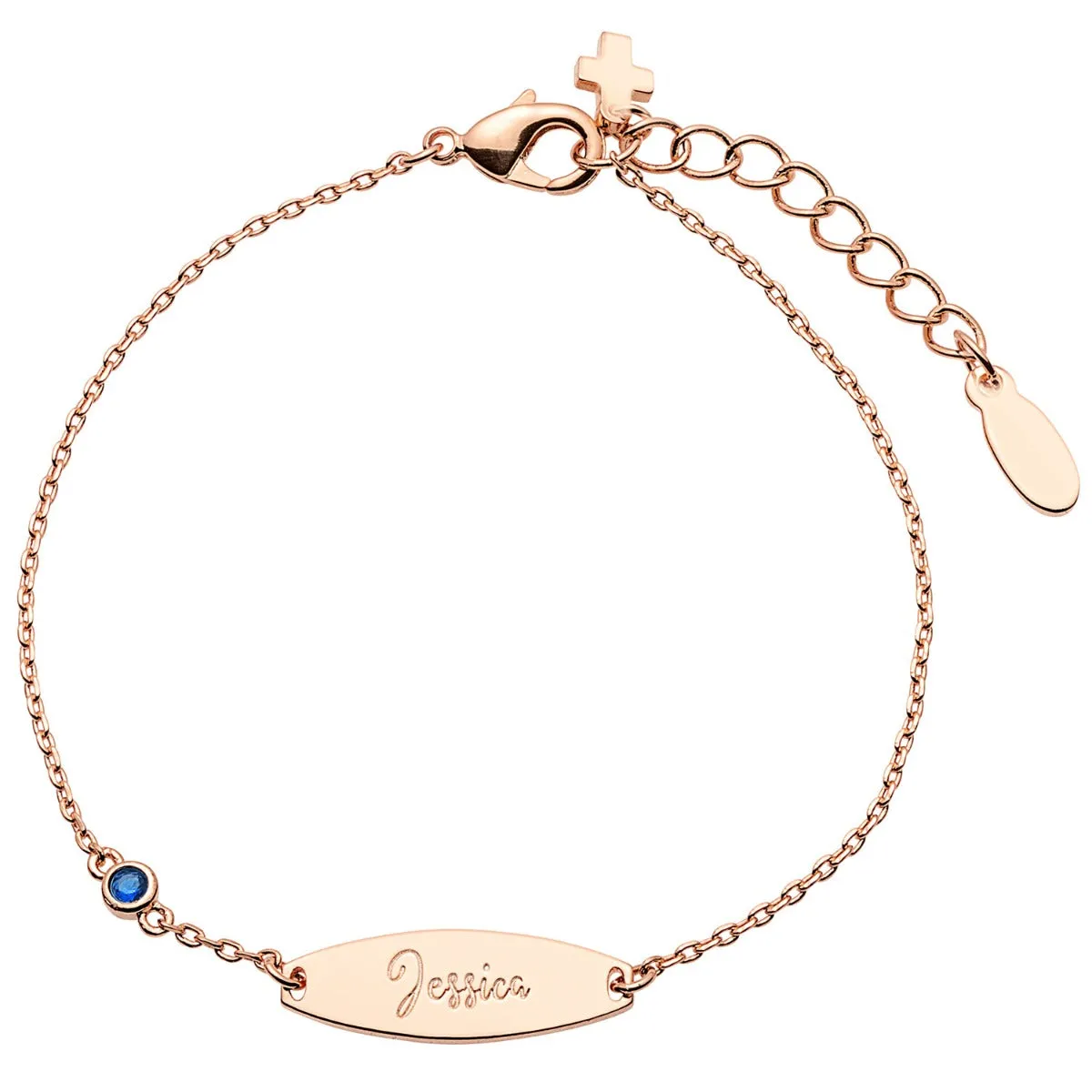 Personalized Plated Engraved Name Mini Oval With Birthstone and Cross ID Bracelet sold by Limoges Jewelry product image thumbnail 4