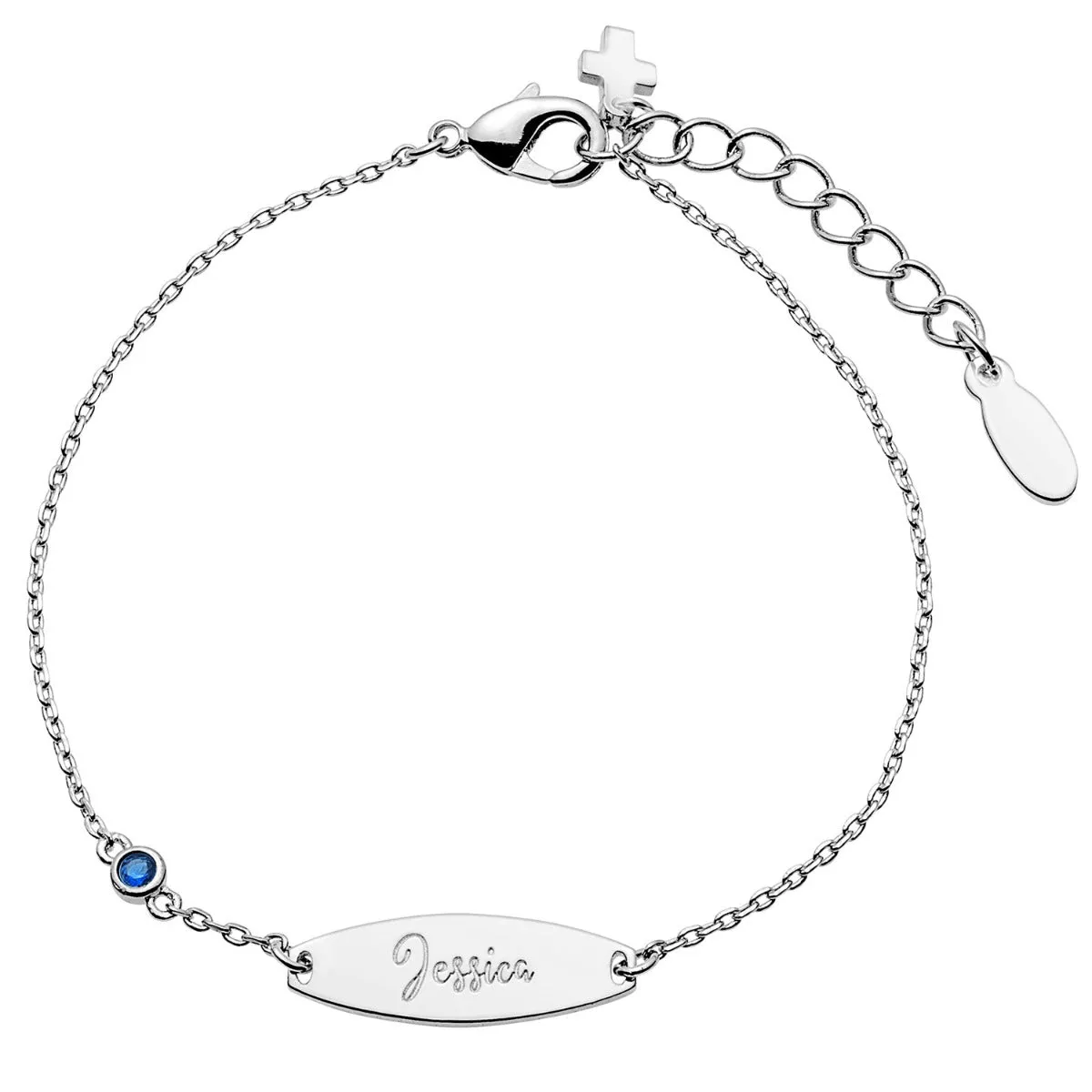 Personalized Plated Engraved Name Mini Oval With Birthstone and Cross ID Bracelet sold by Limoges Jewelry product image thumbnail 3