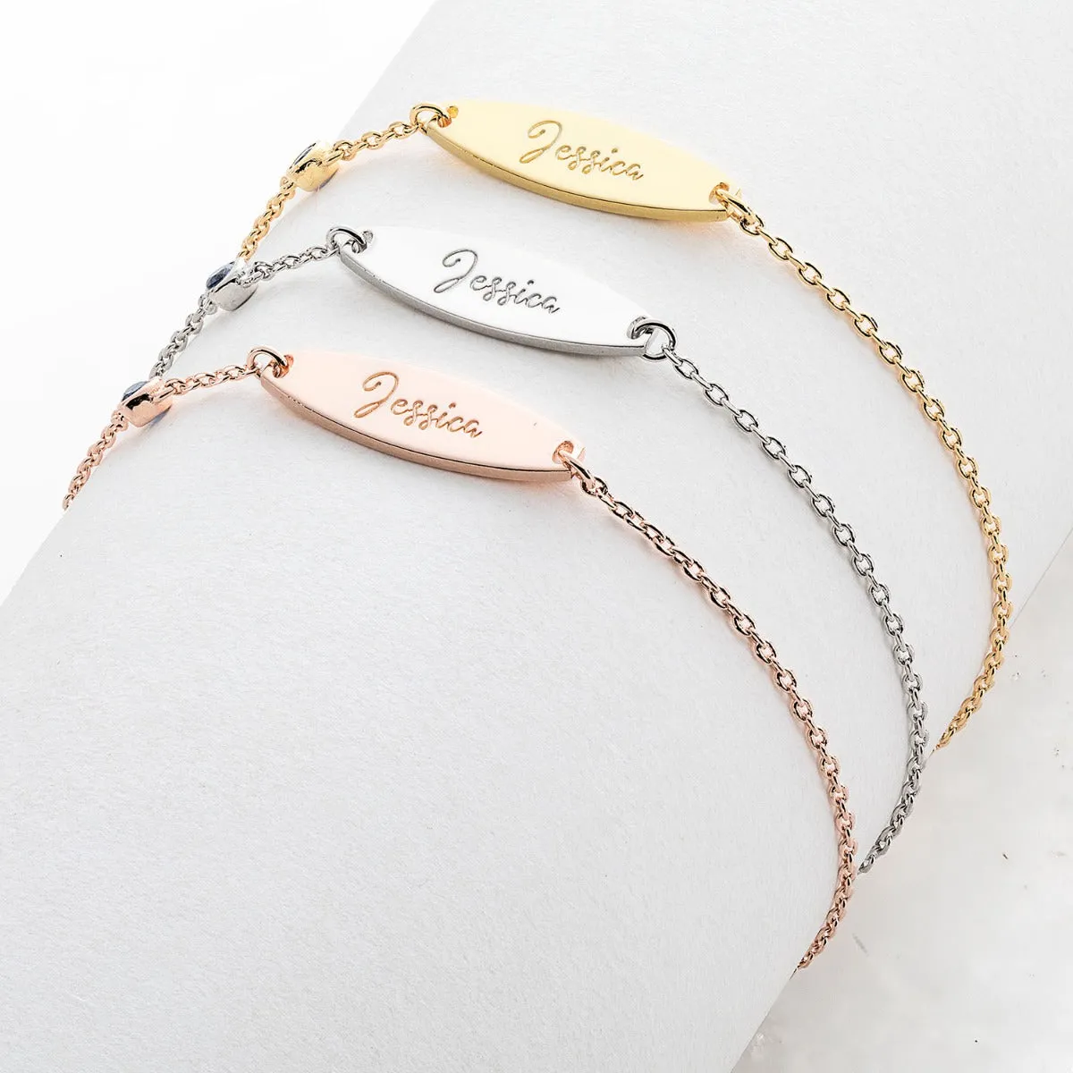 Personalized Plated Engraved Name Mini Oval With Birthstone and Cross ID Bracelet sold by Limoges Jewelry