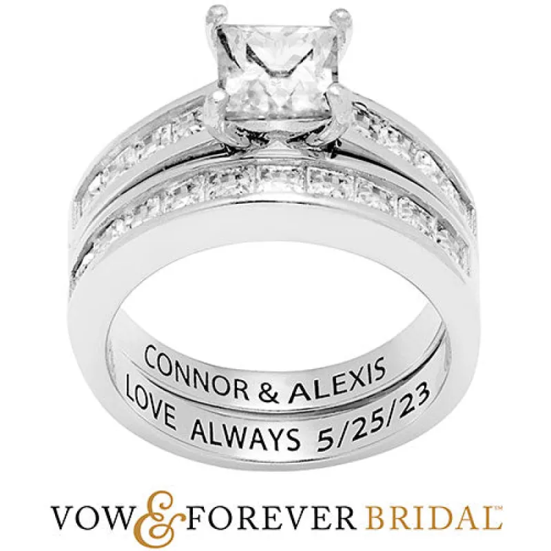 Platinum over Sterling Square White Topaz 2 Piece Engraved Wedding Set sold by Limoges Jewelry