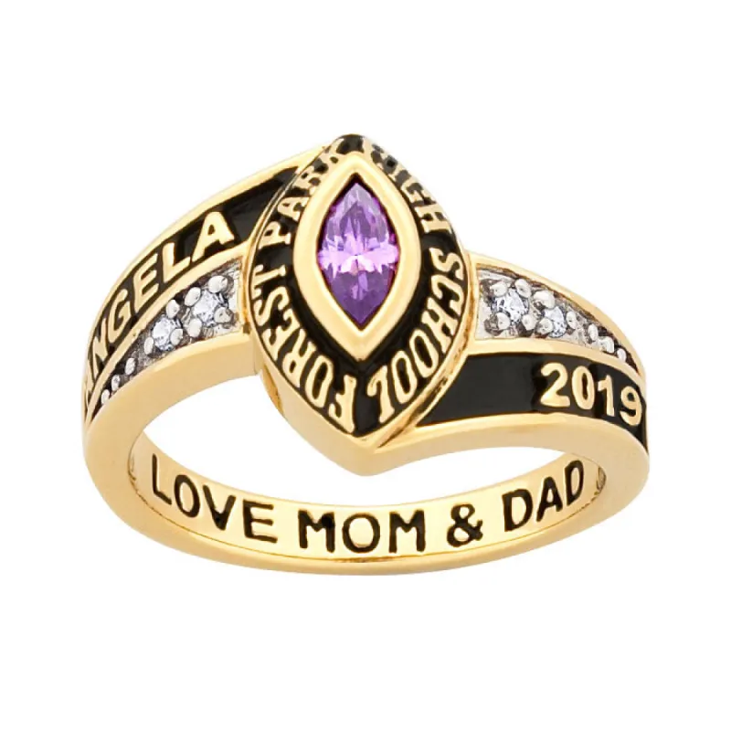 10K Yellow Gold Ladies Marquise Birthstone and CZ Class Ring sold by Limoges Jewelry