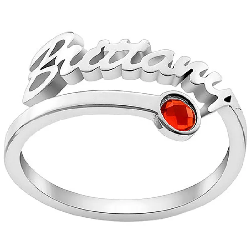 10K White Gold Script Name with Birthstone Bypass Ring sold by Limoges Jewelry