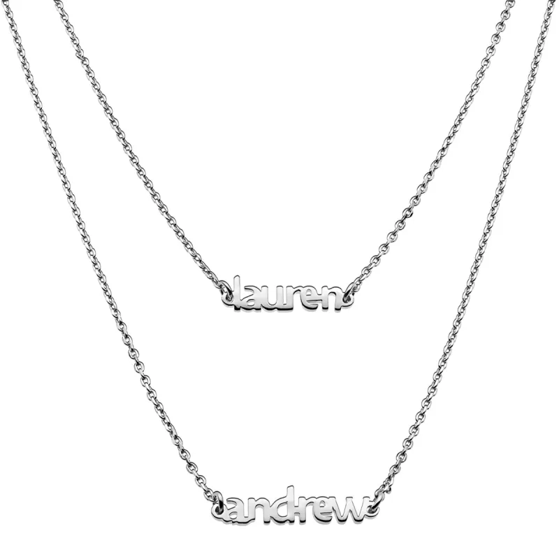 Sterling Silver Petite Block Name Layered Necklace- 2 Names sold by Limoges Jewelry