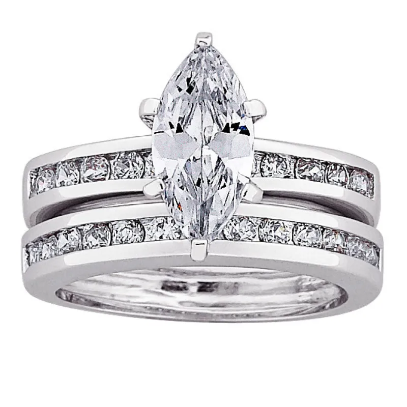 Silver Plated Marquise CZ 2 Piece Wedding Ring Set sold by Limoges Jewelry