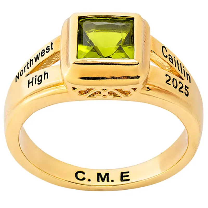 Ladies' 14K Gold Plated Princess Cut Birthstone Freestyle Class Ring sold by Limoges Jewelry