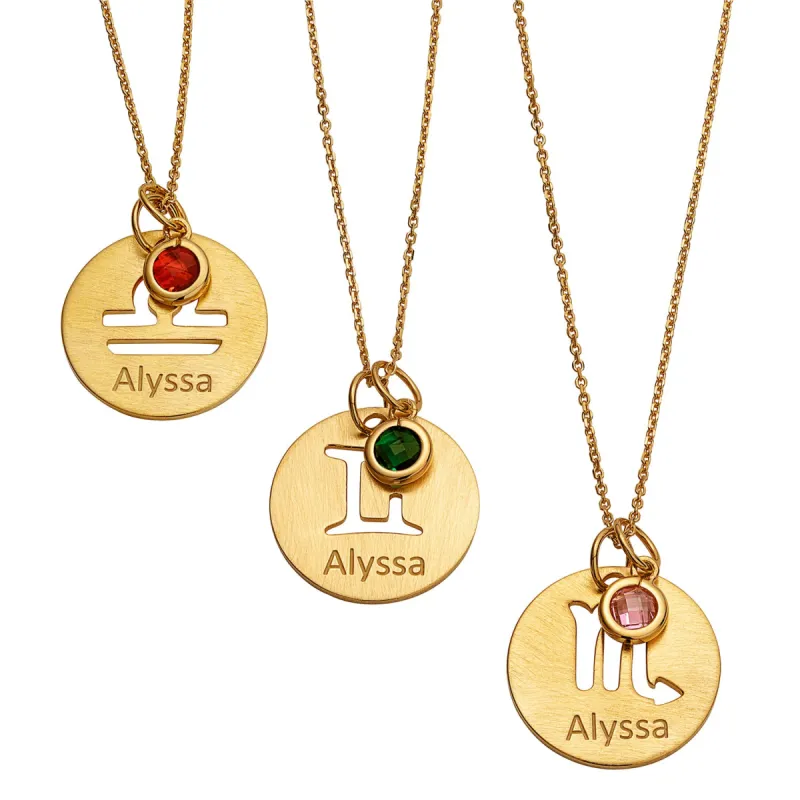 14K Gold over Sterling Engraved Name Zodiac Symbol and Birthstone Necklace sold by Limoges Jewelry