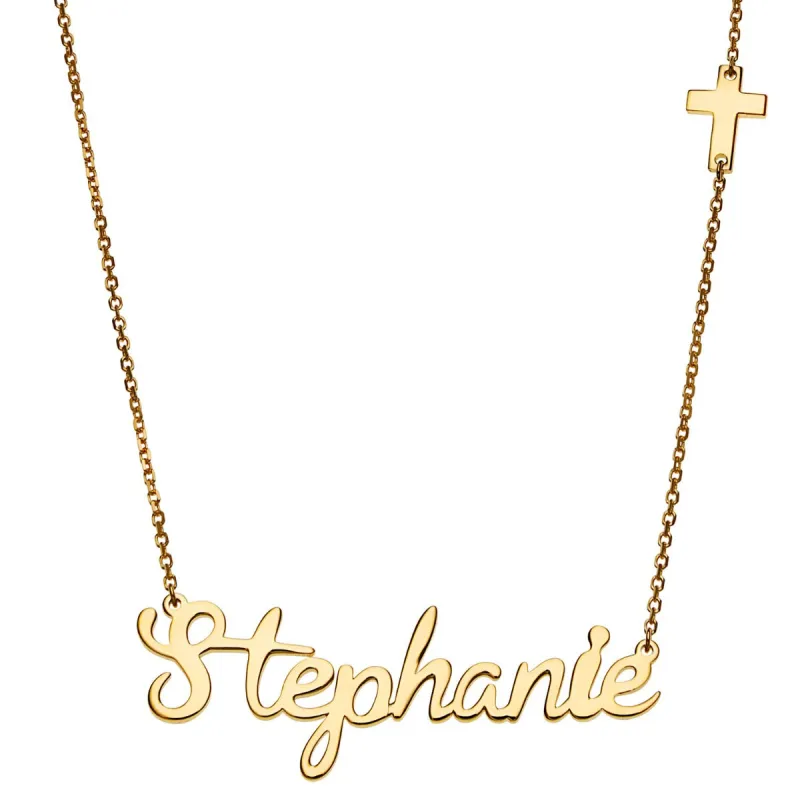 14K Gold Plated Script Name with Cross Station Necklace sold by Limoges Jewelry