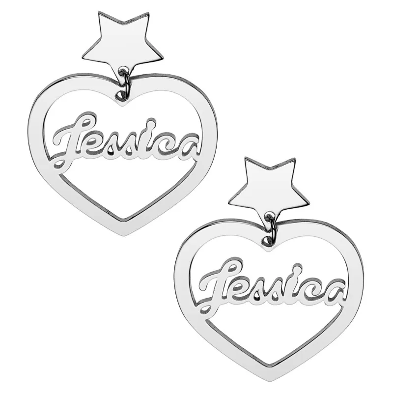 Silver Plated Script Name Heart with Star Dangle Earrings sold by Limoges Jewelry