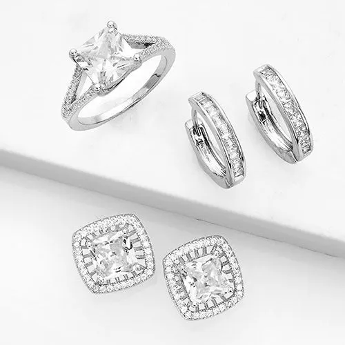 Silvertone CZ Halo Stud Earrings, Hoop and Ring Set sold by Limoges Jewelry