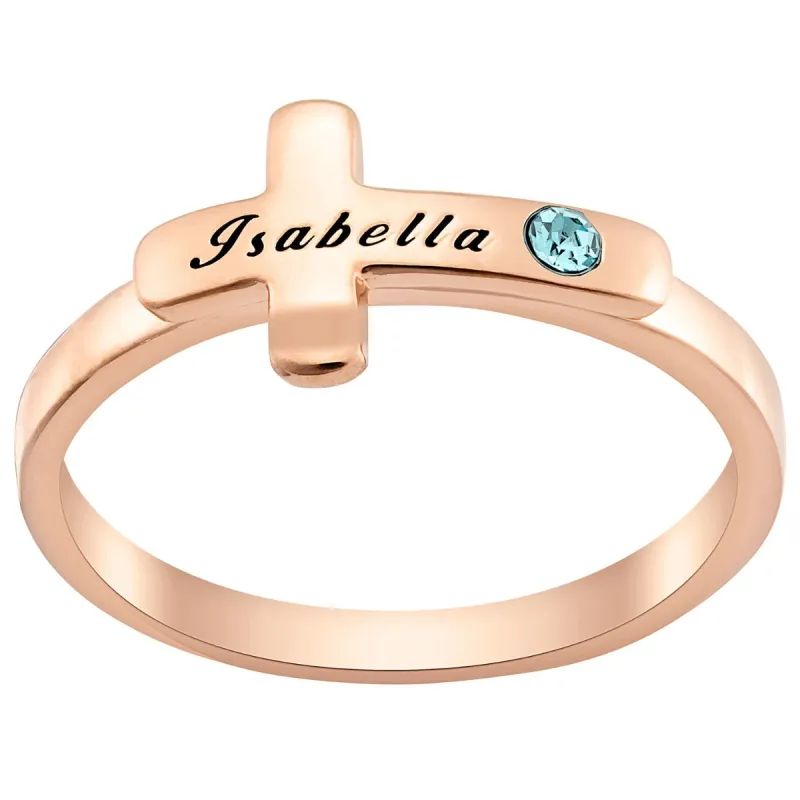 14K Rose Gold Plated Engraved Name and Birthstone Cross Ring sold by Limoges Jewelry